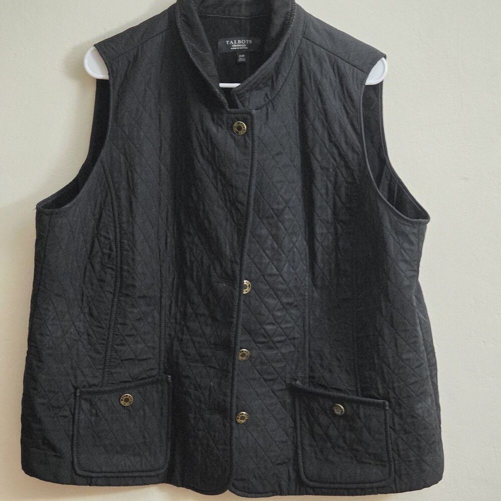 Talbots Quilted Button Vest Black Pockets Diamond Petites 2XP Mid-Length Women